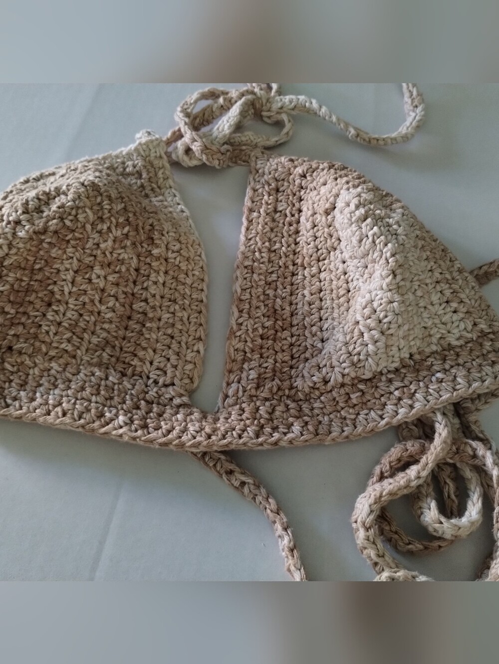 Handmade Crocheted Triangle Bikini Top - Beige